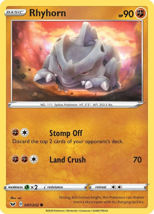 Rhyhorn 097 (#097/202) (SWSH01: Sword & Shield Base Set) Near Mint Reverse Holofoil