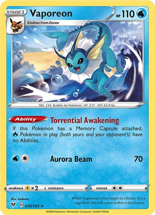 Vaporeon (#030/185) (SWSH04: Vivid Voltage) Near Mint Reverse Holofoil