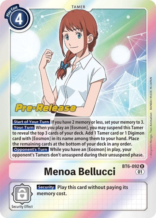 Menoa Bellucci (#BT6-092 R) (Double Diamond Pre-Release Cards) Near Mint Foil