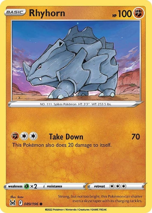 Rhyhorn (#089/196) (SWSH11: Lost Origin) Near Mint Reverse Holofoil
