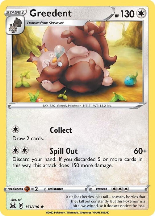 Greedent (#151/196) (SWSH11: Lost Origin) Near Mint Reverse Holofoil