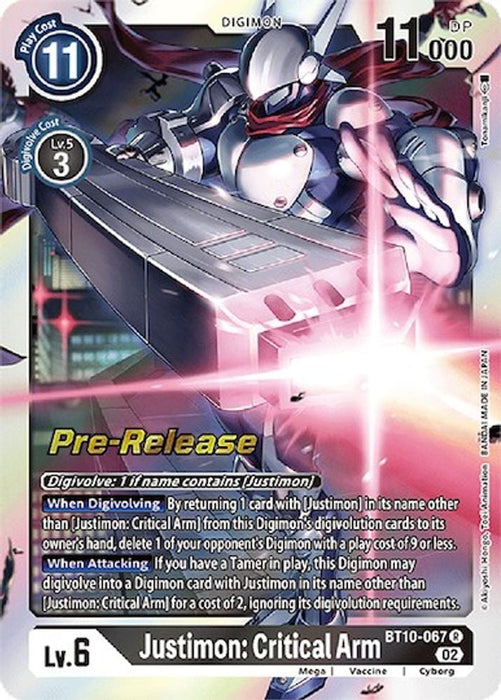 Justimon: Critical Arm (#BT10-067 R) (Xros Encounter Pre-Release Cards) Near Mint Foil