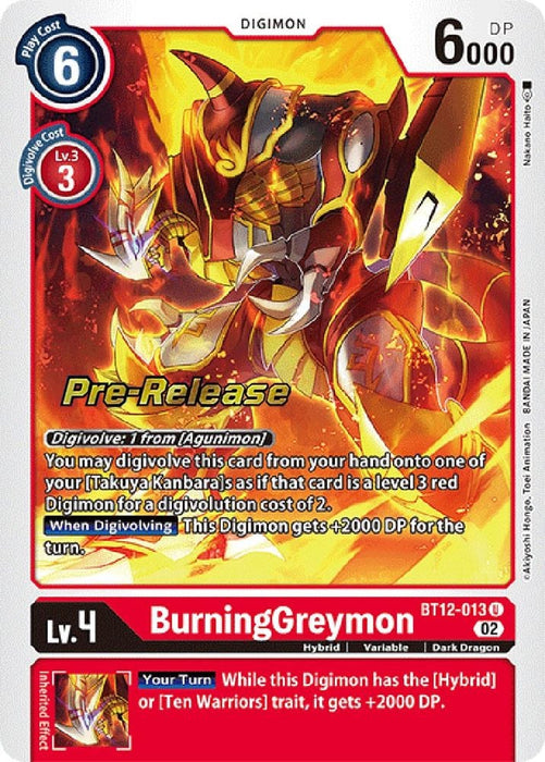 BurningGreymon (#BT12-013 U) (Across Time Pre-Release Cards) Near Mint Foil
