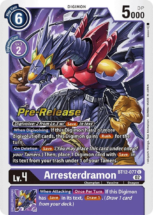 Arresterdramon (#BT12-077 U) (Across Time Pre-Release Cards) Near Mint Foil