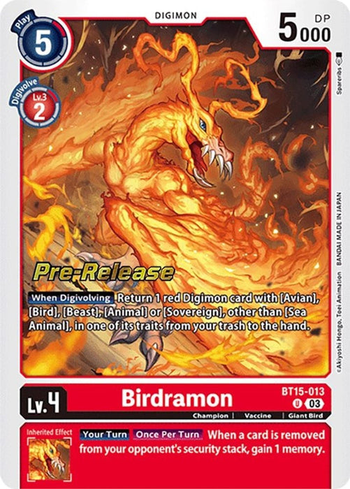 Birdramon (#BT15-013 U) (Exceed Apocalypse Pre-Release Cards) Near Mint Foil
