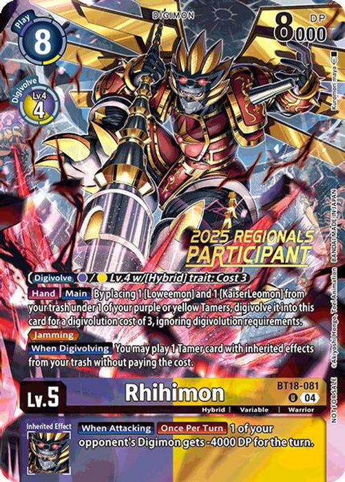 Rhihimon (2025 Regionals Participant) (#BT18-081 U) (Release Special Booster 2.0) Near Mint Foil