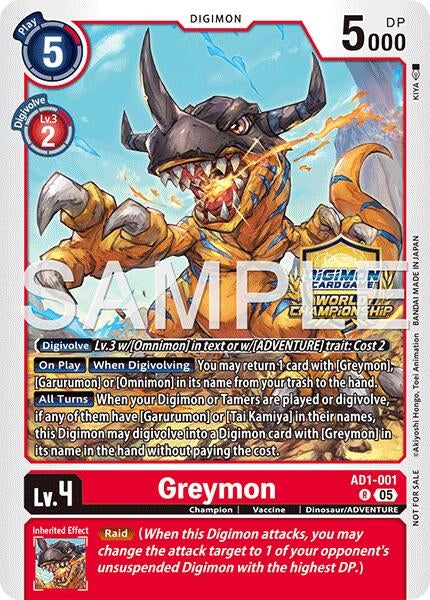 Image for Greymon - AD1-001 (World Championship 26–27 Regionals Season 1) (AD1-001 R) [Advanced Booster Digimon Generation] - Digimon Card Game