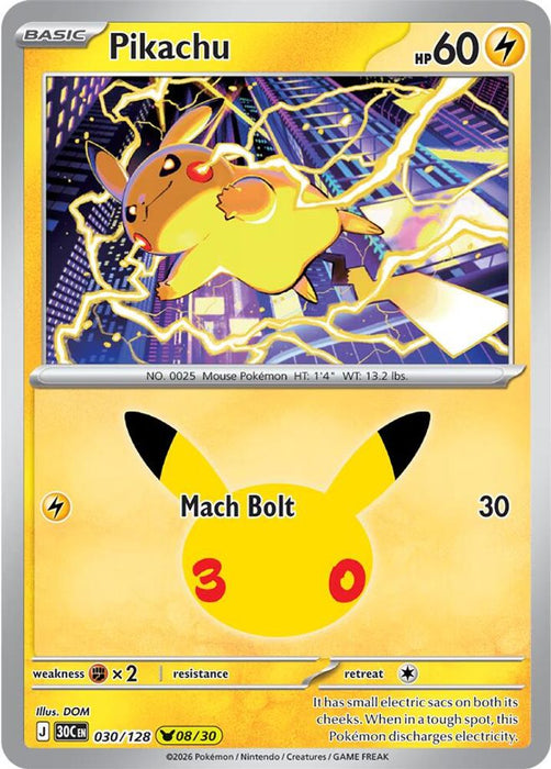 Pikachu 030 128 (#030/128) (ME: 30th Celebration) Near Mint Holofoil