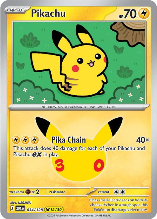 Pikachu 034 128 (#034/128) (ME: 30th Celebration) Near Mint Holofoil