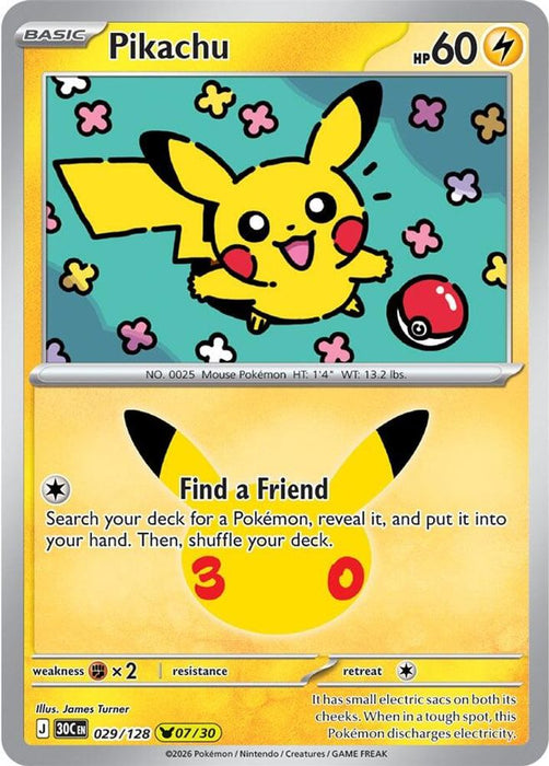 Pikachu 029 128 (#029/128) (ME: 30th Celebration) Near Mint Holofoil