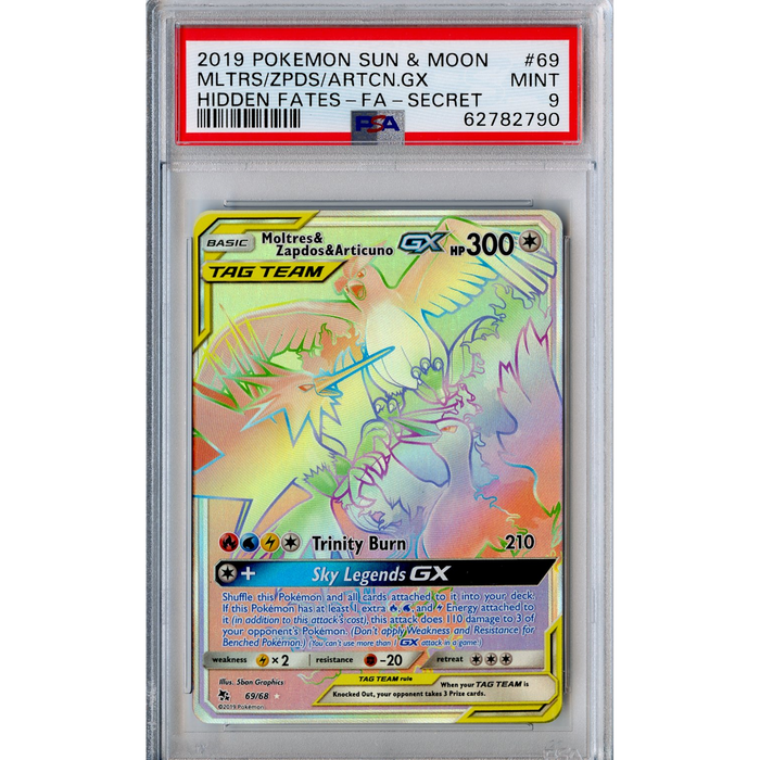 Moltres & Zapdos & Articuno GX (69/68) - Rainbow Rare - Hidden Fates [PSA 9] 